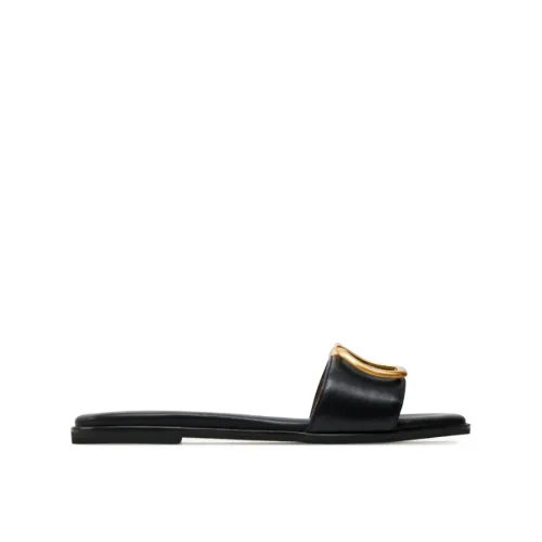 Twinset , Black Leather Slide Sandals with Metal Oval T Logo ,Black female, Sizes: