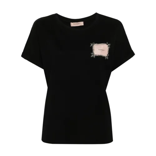 Twinset , Black Logo Patch T-shirt with Rhinestone Embellishment ,Black female, Sizes: