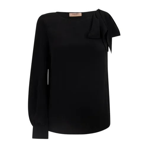 Twinset , Black One-Shoulder Blouse with Bow ,Black female, Sizes: