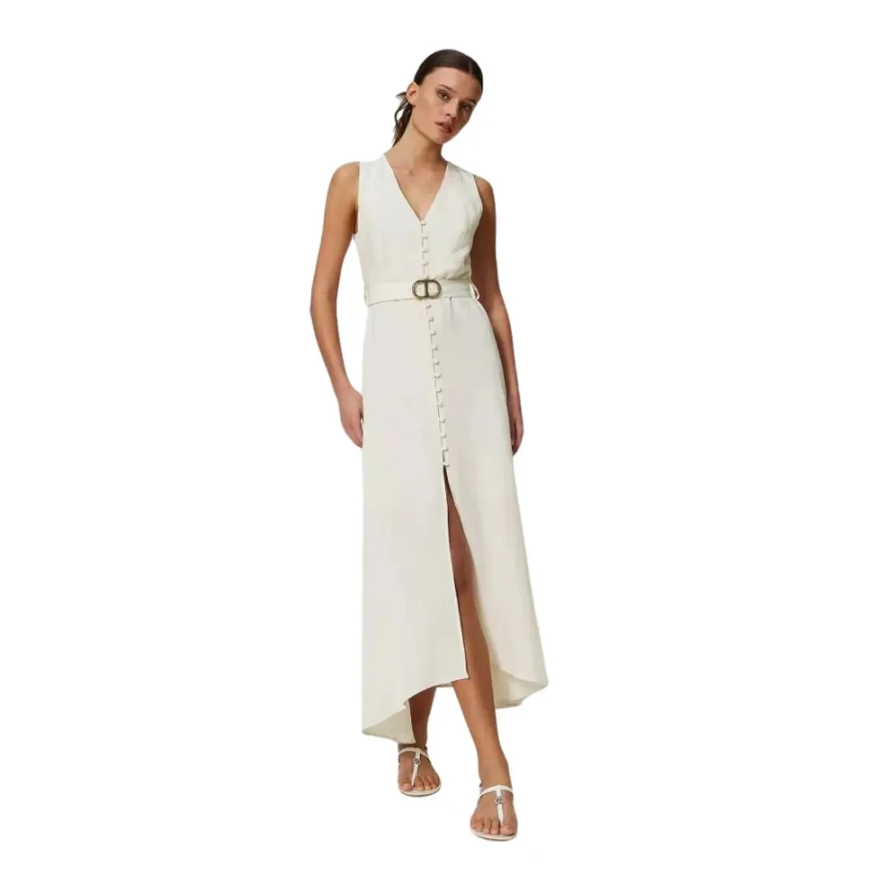 Twinset , Maxi Dress in Linen Blend with Covered Buttons ,Beige female, Sizes:
