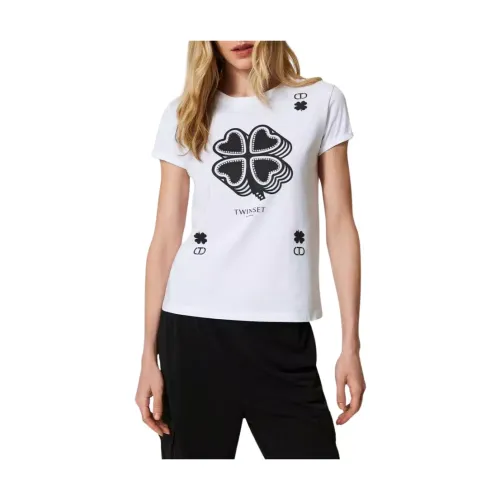 Twinset , Quadrifoglio Print T-Shirt ,White female, Sizes: