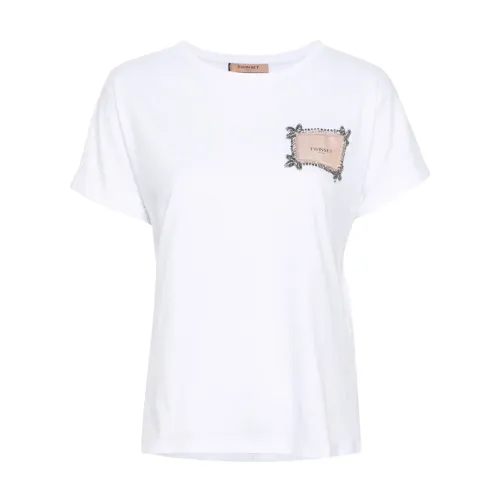 Twinset , White Cotton T-shirts and Polos with Logo Patch ,White female, Sizes: