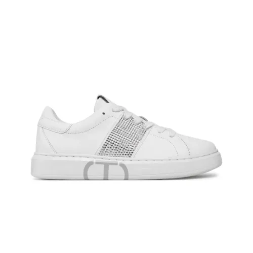 Twinset , White Leather Low Top Sneakers with Rhinestone Detail ,White female, Sizes: