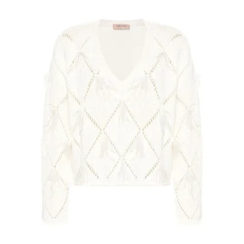 Twinset , White V-Neck Sweater with Diamond Pattern ,White female, Sizes: