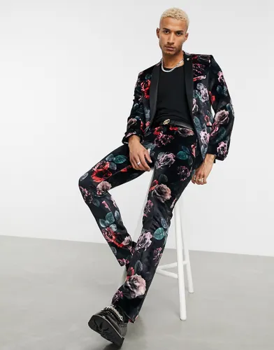 Twisted Tailor suit trousers with large floral print in black velvet