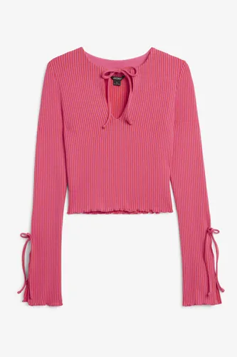 Two-tone rib knit long sleeve top - Red
