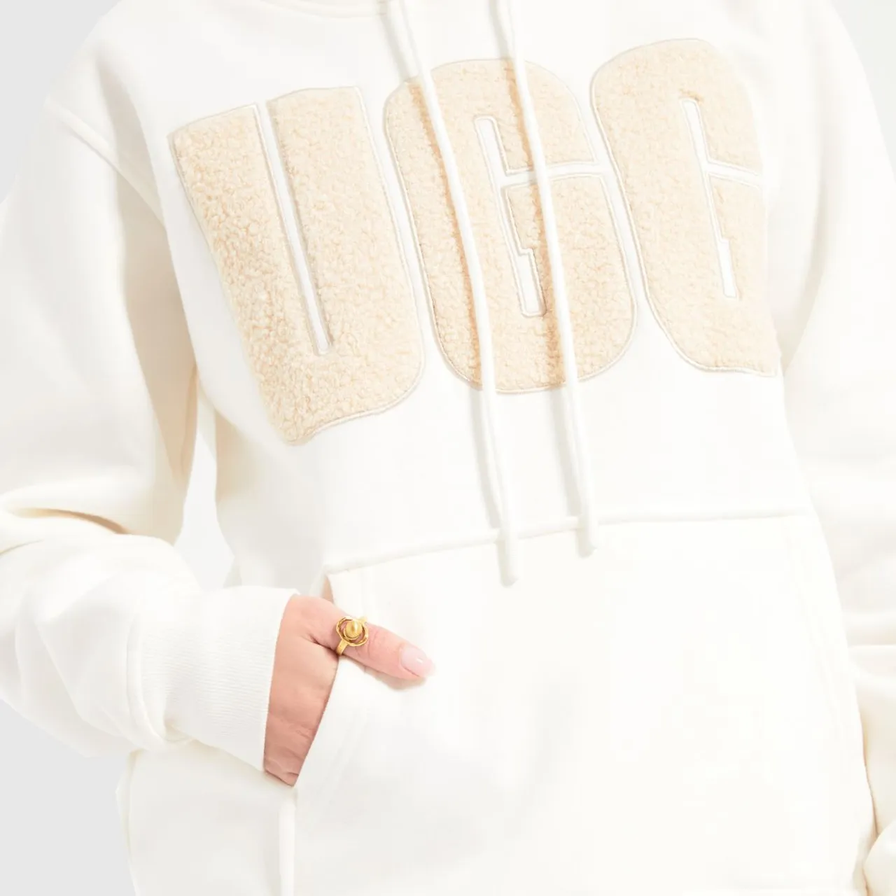 Ugg Rey Fluff Logo Hoodie In White & Beige