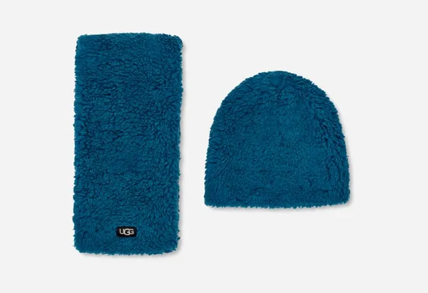 UGG® Sherpa Beanie and Scarf Set for Kids in Blue Sapphire