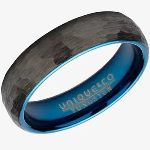 Unique Mens Tungsten Black IP Plated Hammered 6mm Ring TUR-113-66
