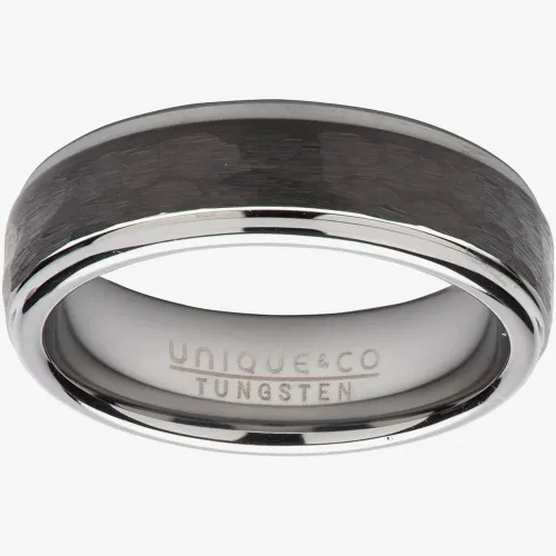 Unique Mens Tungsten Black IP Plated Hammered 7mm Ring TUR-118-64