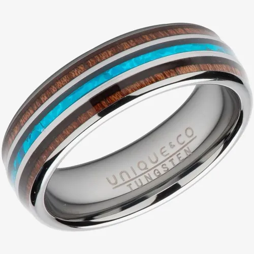 Unique Mens Tungsten Wood & Blue Opal Inlay 7mm Ring TUR-124-66