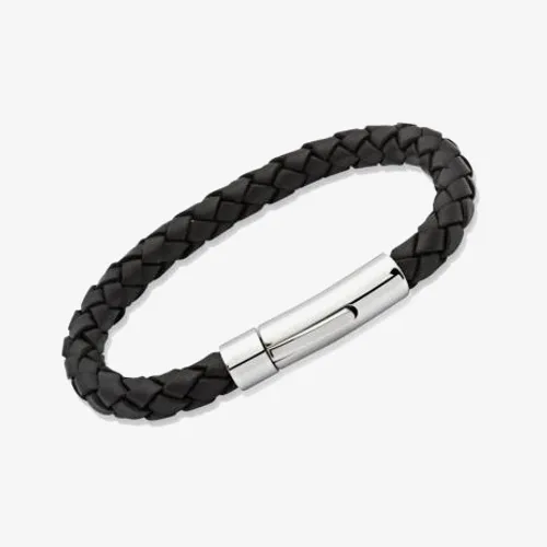Unique Stainless Steel 21cm Black Leather Bracelet A40BL