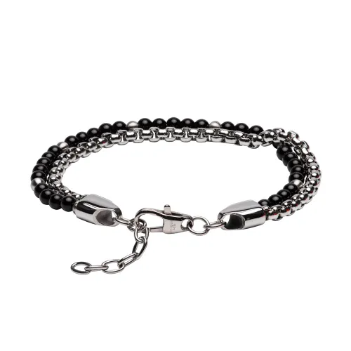Unique Stainless Steel Double Bracelet with Black Oynx Beads