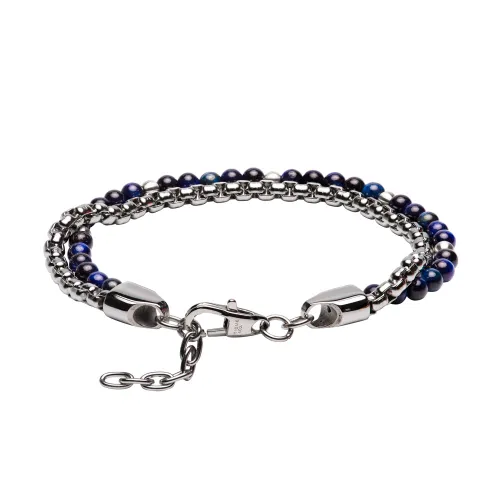 Unique Stainless Steel Double Bracelet with Blue Tiger Eye Beads