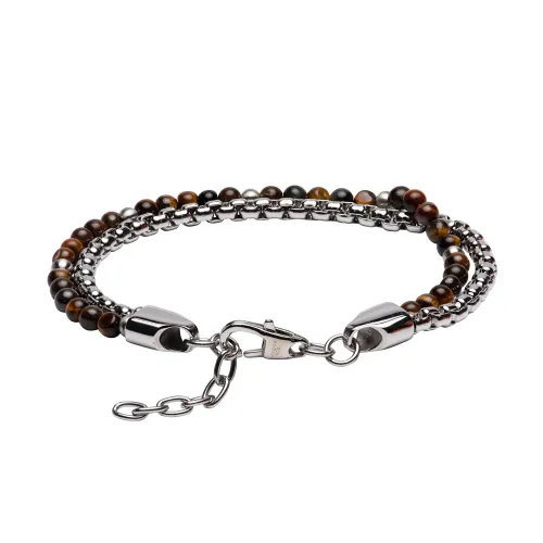 Unique Stainless Steel Double Bracelet with Brown Tiger Eye Beads