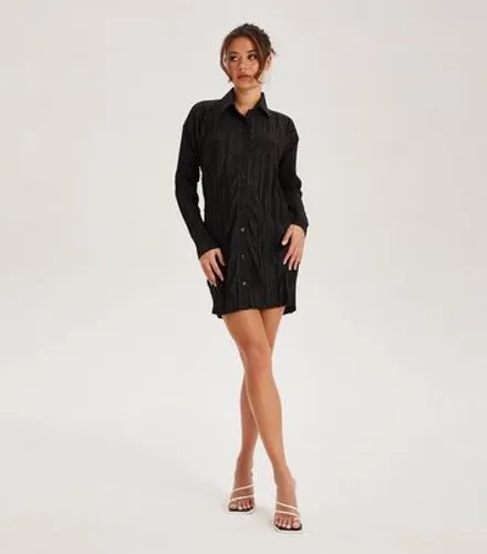 Urban Bliss Black Plissé Long Sleeve Mini Shirt Dress New Look
