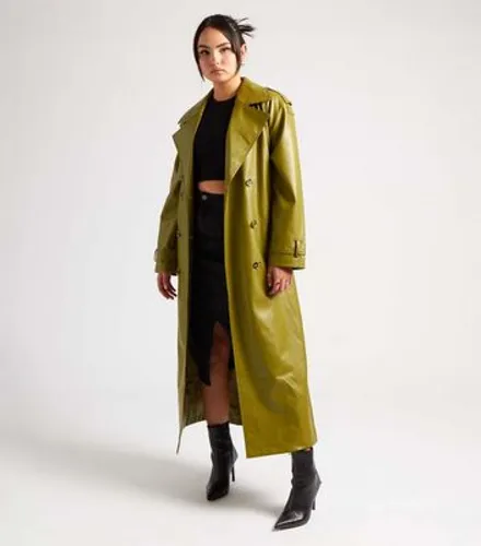 Urban Bliss Green Leather-Look Belted Trench Coat New Look