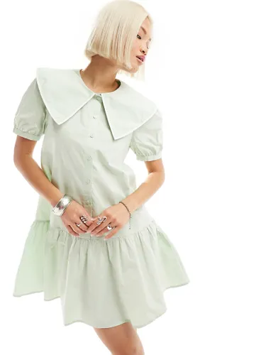Urban Revivo button up mini smock dress with oversized collar in light green