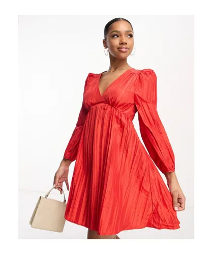 Urban Revivo Womens long sleeve v neck crinkle mini dress in red