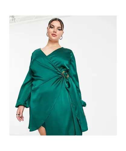 Urban Threads Curve Womens Plus wrap over satin midi dress in green - Dark Green