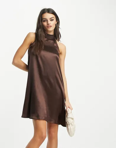Urban Threads satin high neck mini dress in chocolate brown
