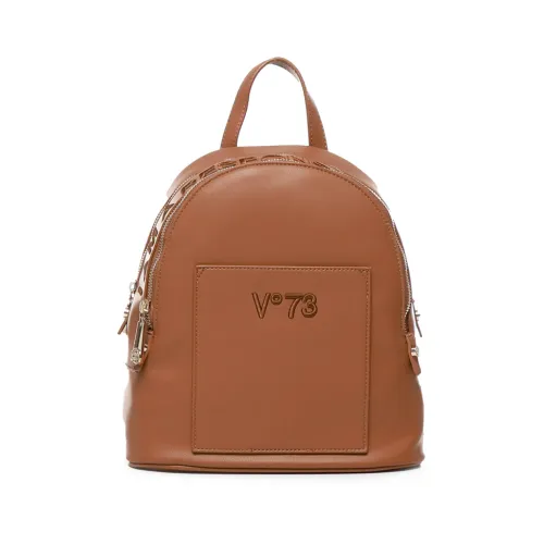 V73 , Brandy Embroidered Backpack with Gold Details ,Brown female, Sizes: ONE SIZE