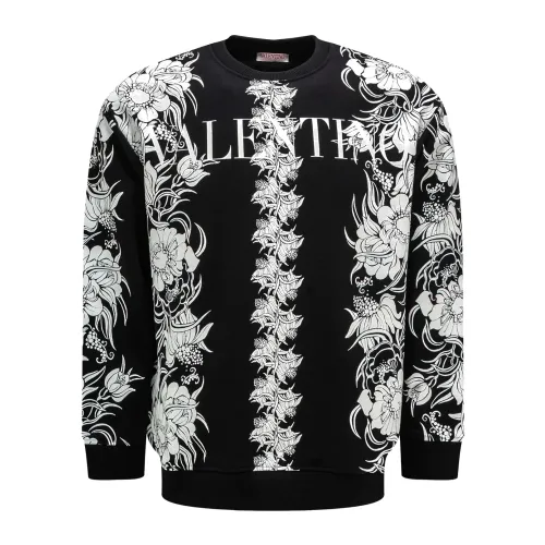 Valentino , Black Cotton Sweatshirt with Floral Print ,Black male, Sizes:
