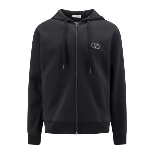 Valentino , Black Hooded Sweatshirt with Zipper ,Black male, Sizes: