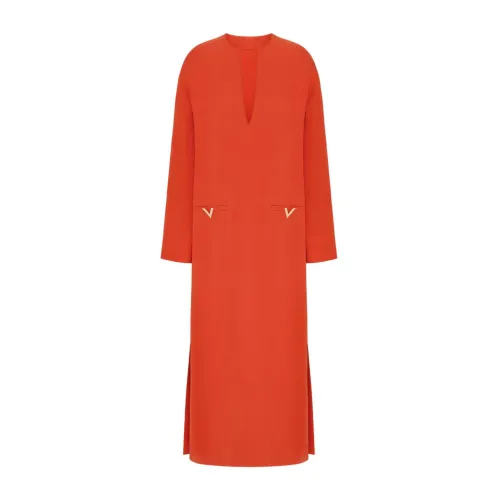 Valentino , Dark Orange Crepe Dress with VGold Detail ,Orange female, Sizes: