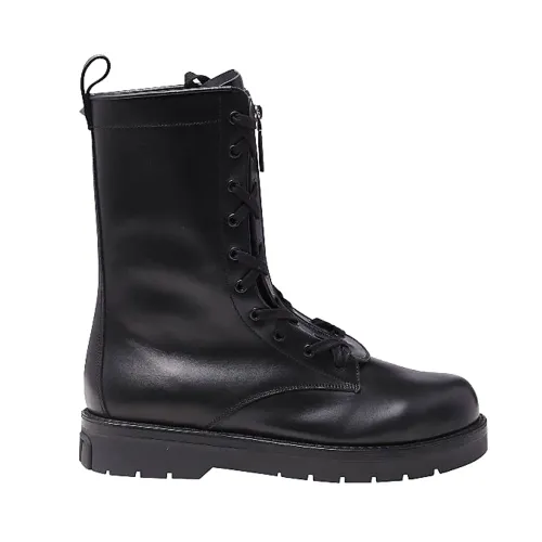 Valentino Garavani , Black Leather Combat Ankle Boots ,Black male, Sizes: