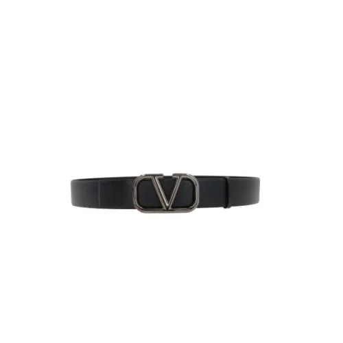 Valentino Garavani , Black Smooth Leather Belt with VLogo Signature Buckle ,Black male, Sizes: