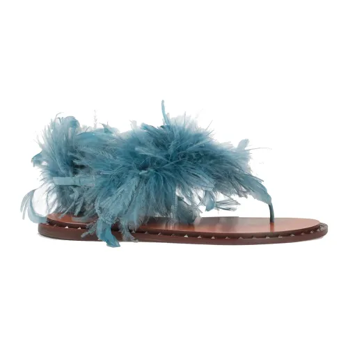 Valentino Garavani , Feather Trim Leather Sandals ,Blue female, Sizes: