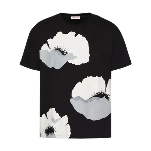 Valentino Garavani , Flower Portrait Print Cotton T-Shirt ,Black male, Sizes: