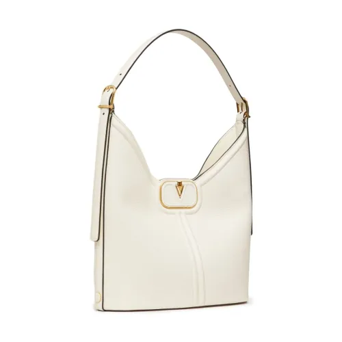 Valentino Garavani , Ivory Hammered Leather Hobo Bag with Gold Hardware ,White female, Sizes: ONE SIZE