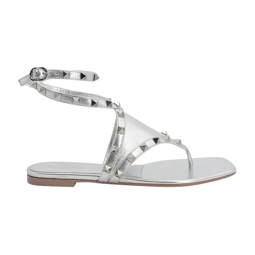 Valentino Garavani , Silver Leather Sandals with Adjustable Ankle Strap ,Gray female, Sizes: