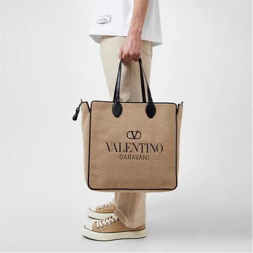VALENTINO GARAVANI Toile Iconographe Shopping Bag In Wool With Leather Details - Beige