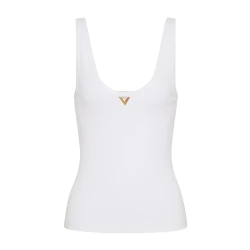 Valentino Garavani , White Ribbed Cotton Top with Gold V Detail ,White female, Sizes: