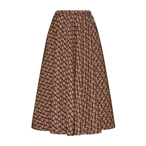 Valentino , Logo Print Silk Pleated Skirt ,Brown female, Sizes: