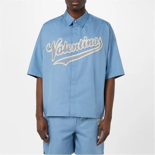 VALENTINO Short Sleeve Logo Patch Bowling Shirt - Blue