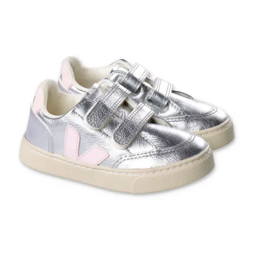 Veja , Silver Faux Leather Baby Girl Sneakers with Velcro ,Gray male, Sizes: