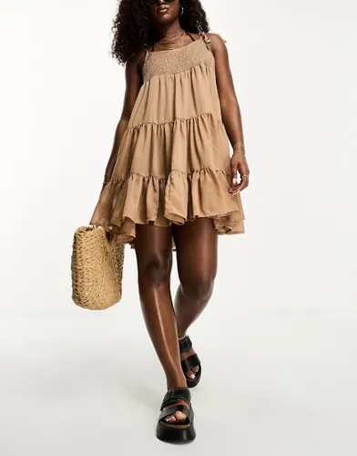Vero Moda shirred strappy beach mini dress in brown