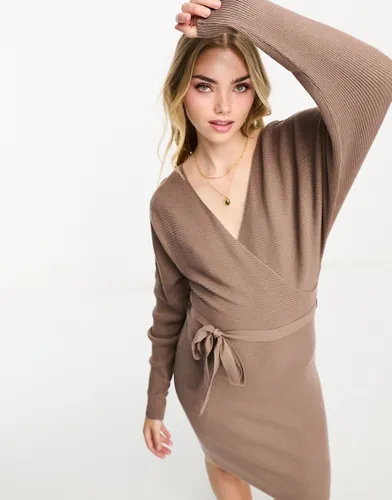 Vero Moda wrap belted long sleeve knitted mini dress in brown