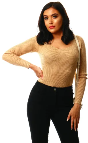 Veromoda Brown / Tan V-Neck Knitted Pullover