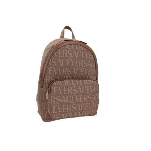 Versace , Beige Canvas Backpack with Versace Allover Motif and Leather Trim ,Beige male, Sizes: ONE SIZE