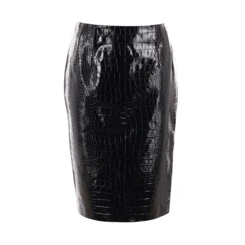 Versace , Black Crocodile-Effect Leather Midi Skirt ,Black female, Sizes: