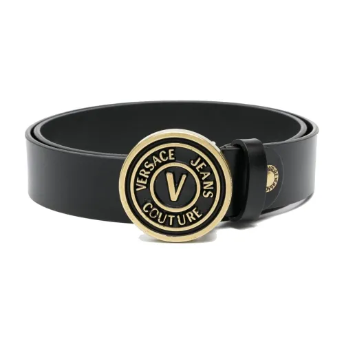 Versace , Black Grained Calfskin Belt with Logo Buckle ,Black male, Sizes: