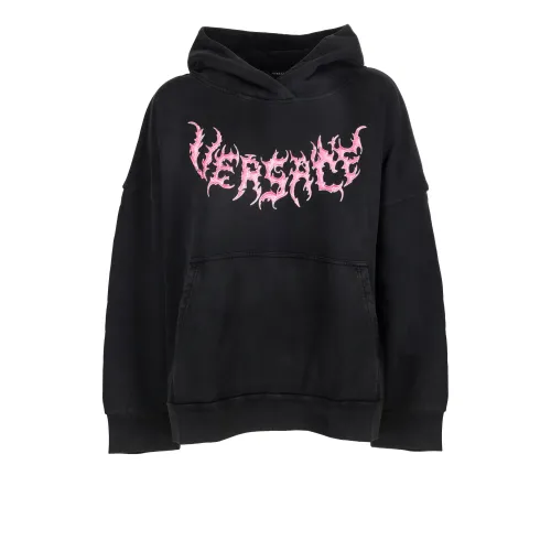 Versace , Black Hooded Sweatshirt - Regular Fit - 100% Cotton ,Black female, Sizes: