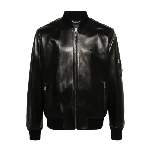 Versace , Black Leather Blouson Jacket ,Black male, Sizes: