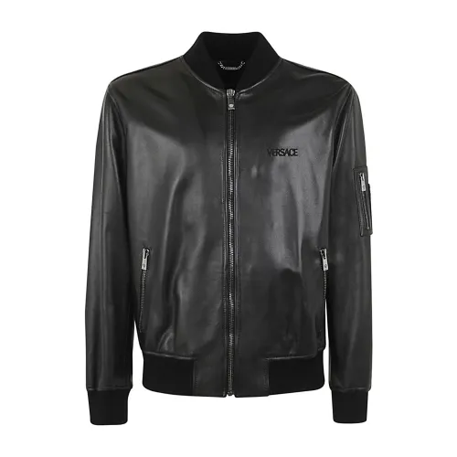 Versace , Black Leather Blouson with Embroidery ,Black male, Sizes:
