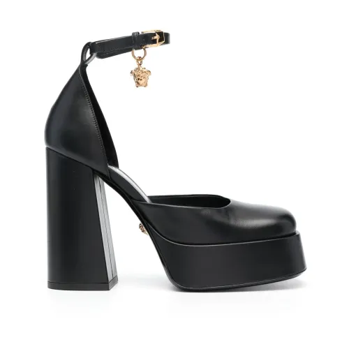 Versace , Black Leather Pumps with Gold Hardware ,Black female, Sizes: